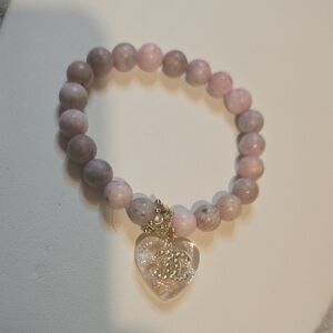 Rhodonite Beaded Stretch Bracelet with Sparkle Iconic Logo Heart Charm